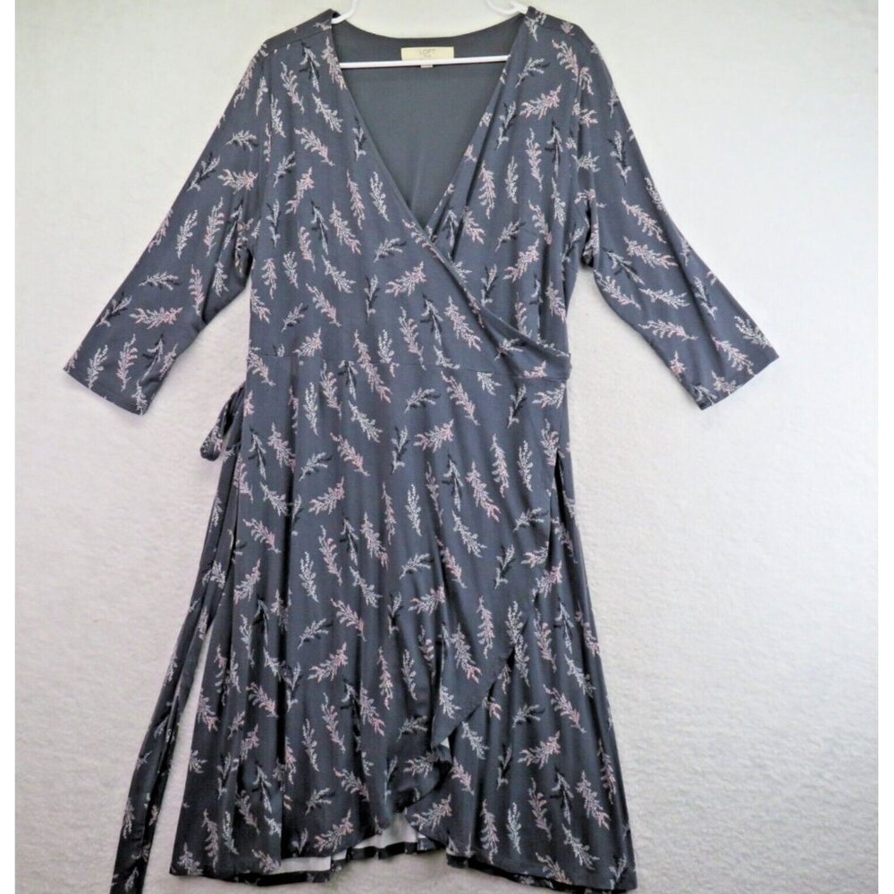 Loft Dress Womens Gray Wrap Stretch V Neck 3/4 Sleeve‎ Below Knee Career Wear